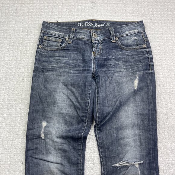 Y2K GUESS Jeans Sz 24 Distressed Low Rise STARLET Skinny Leg Dark Blue - Picture 2 of 15